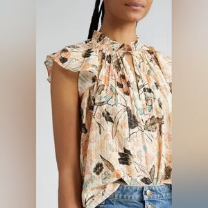 Ulla Johnson Cleo Floral Tie Neck Top Pearl Flora Flutter Sleeve Blouse Size 2